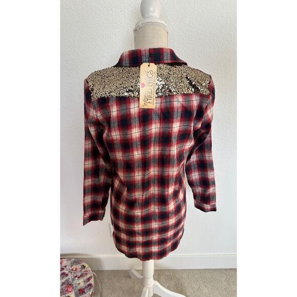 Southern Fried Chics Red and Navy Sequin Accented Button Down Flannel - M - Picture 4 of 4